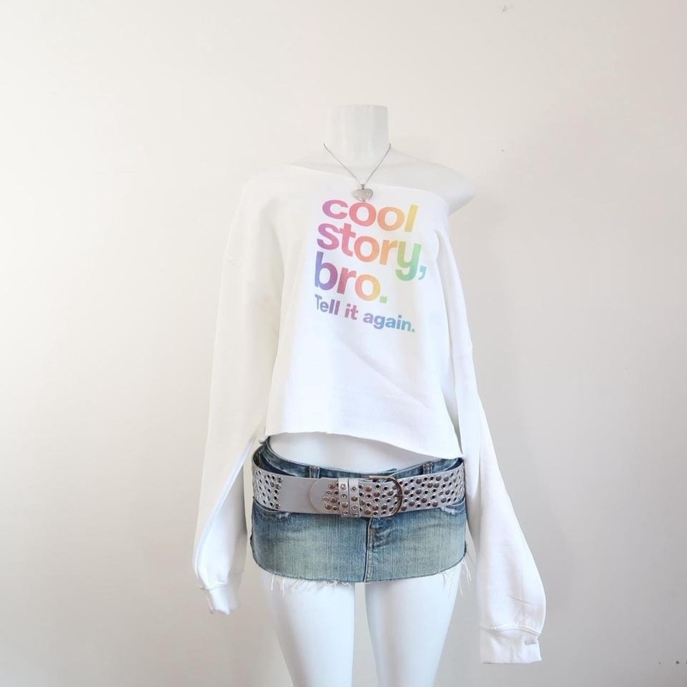 y2k cool story bro graphic off shoulder cropped sweatshirt rainbow - Picture 3 of 5
